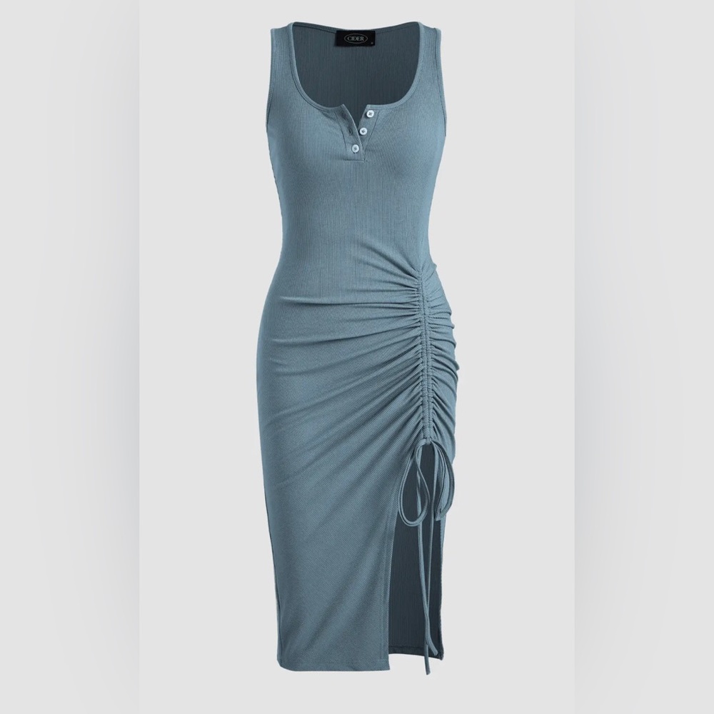 Blue rusched dress.